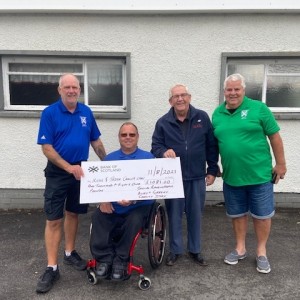Members of Ravenspark Golf Club Blues & Greens presenting a cheque for £1081.00 raised at their charity day to our Chairman Dick McLachlan and our Treasurer Gordon Rainey. Ravenspark Golf Club Blues & Greens